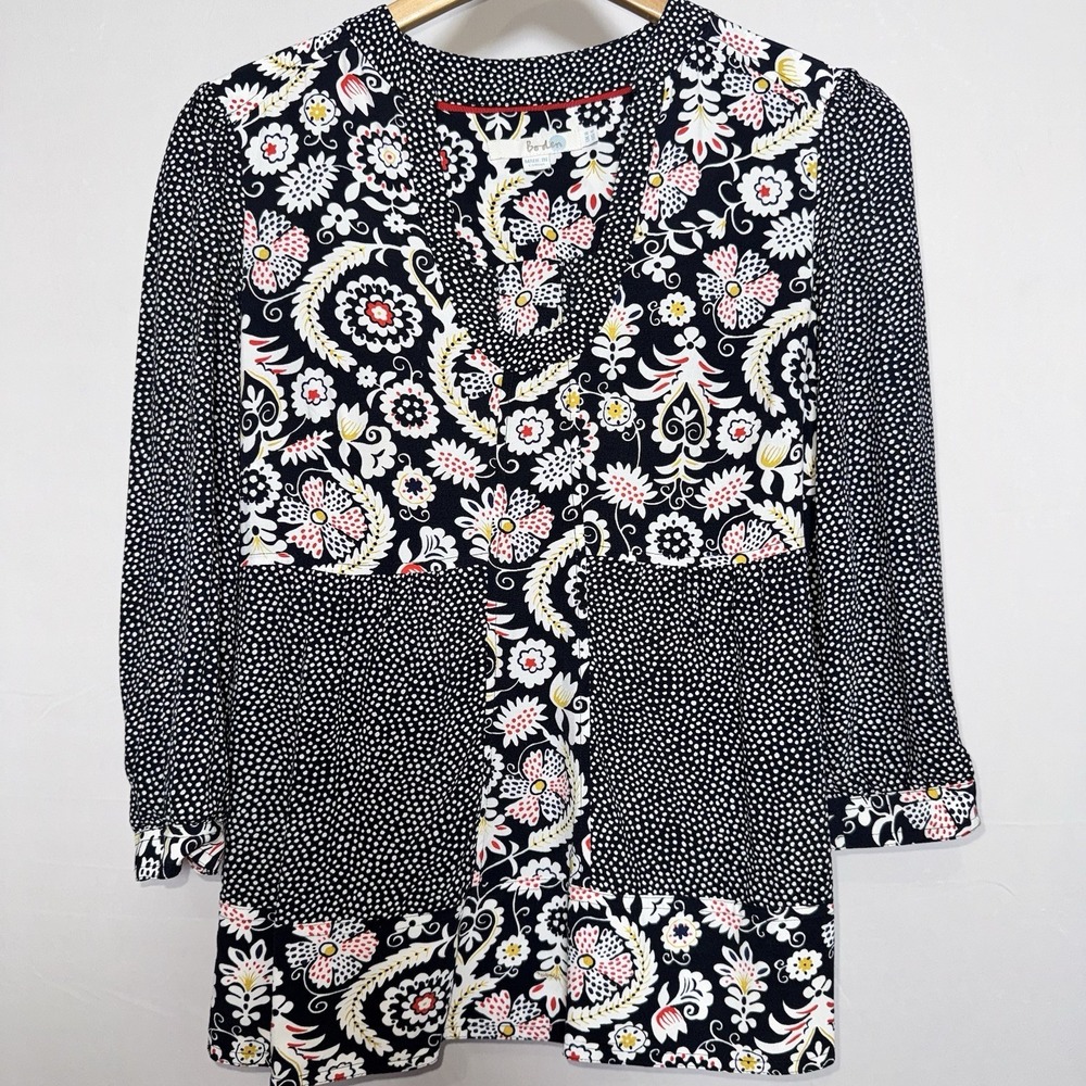 Boden Floral Polka Dot V-Neck Button Long Sleeve Blouse 100% Viscose US‎ 4 Boho